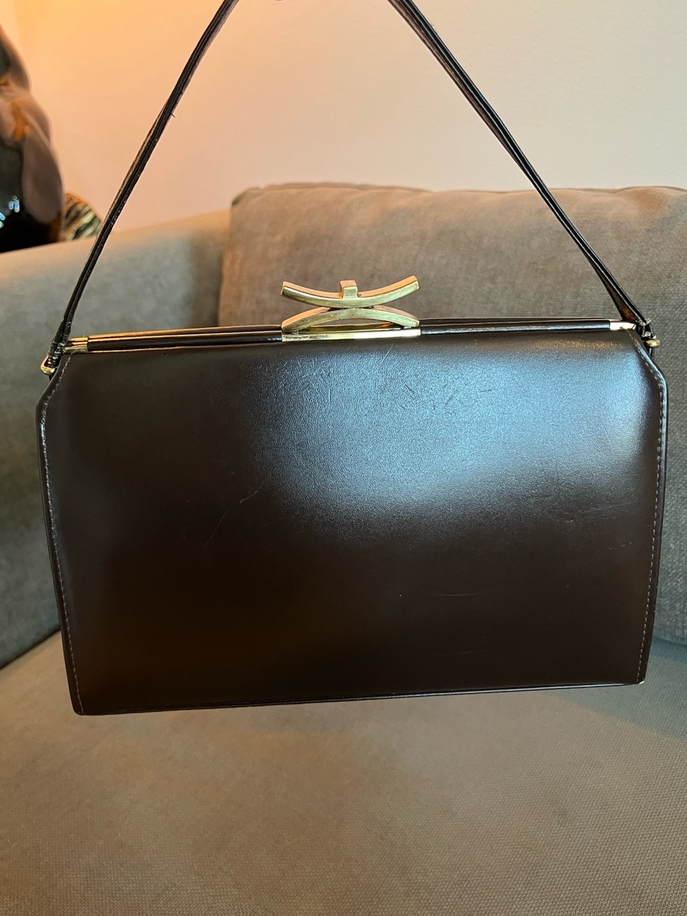 Vintage 1950/60s Brown Leather Top Handle Kiss Lock Frame Bag Khaite Cate Style